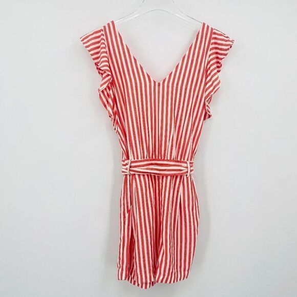 LOFT Size 2 Red & White Striped Ruffle Sleeve Belted Romper - Picture 3 of 12